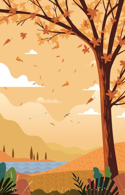 Landscape in Autumn Concept Retro Nature Art, Autumn Landscape Illustration, Autumn Illustration Art, Autumn Hill, Autumn Landscape Painting, Autumn In Korea, Vector Landscape, Ui Color, Autumn Woods