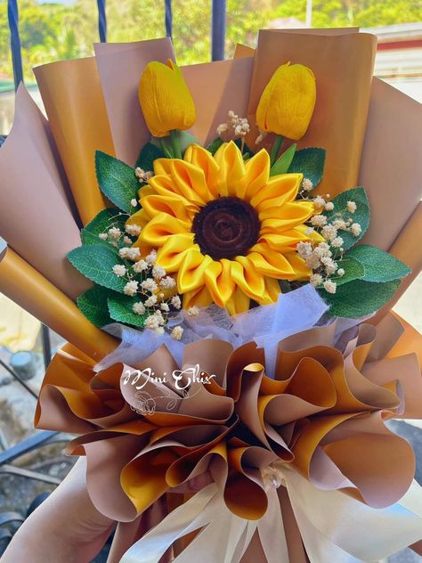 Tulip Sunflower Bouquet, Eternal Sunflower Bouquet, Ribbon Sunflower Bouquet, Sunflower Ribbon Flower, Sunflower Wrapped Bouquet, Satin Sunflower Bouquet, Bouquet Diy Gift, Ribbon Flowers Diy, Pipe Cleaner Flowers