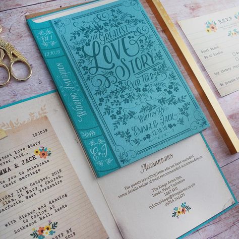 Wedding Book Invitations, Love Story Theme, Wedding Invitation Book, Book Invitation Design, Bookish Wedding Invitations, Book Inspired Wedding Invitations, Reader Wedding, Storybook Wedding Invitations, Wedding Invitations Book