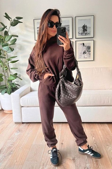 Chocolate brown is the color of the season and I can't get enough! This brown sweatsuit is the perfect travel day outfit or cozy Thanksgiving morning loungewear. Bring on the comfort and tap to shop! Andee Layne, Work From Home Outfit, Statement Scarf, Casual Outfits For Moms, Sweatsuit Set, Stylish Coat, French Terry Hoodie, Faux Leather Moto Jacket, San Fran