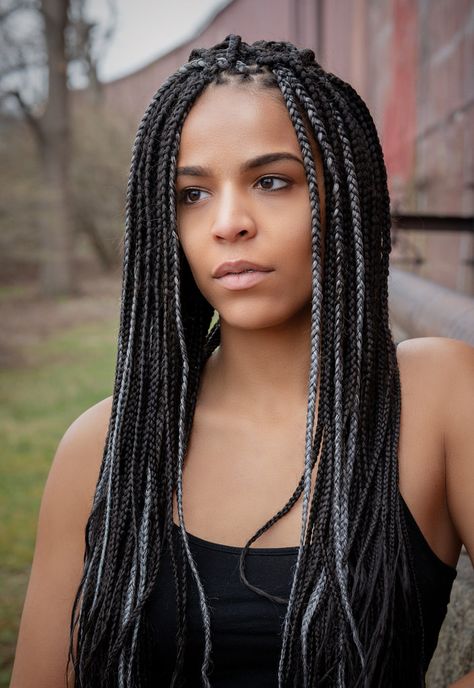 Black And Gray Box Braids, Grey Extensions, Grey Braids, Grey Box Braids, Locs Natural, Manchester New Hampshire, Pepper Hair, Braids Styling, Black Box Braids