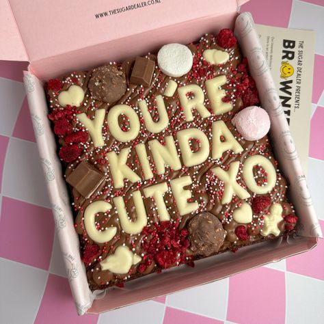 custom message valentines themed brownie!! fudgy brownies handmade in new zealand • the sugar dealer Chocolate Covered Fruit, Box Brownies, Inside Joke, Cute Baking, Best Brownies, Brownie Cake, Fudgy Brownies, Valentines Gift, Cafe Food