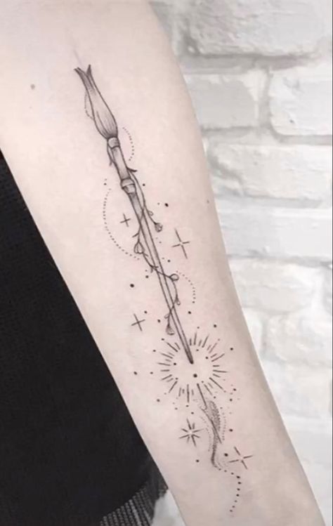 Harry Potter Wand Tattoo, Scepter Tattoo, Luna Lovegood Tattoo, Luna Lovegood Wand, Nova Tattoo, Hogwarts Tattoo, Black Light Tattoo, Hunter Tattoo, Wand Tattoo