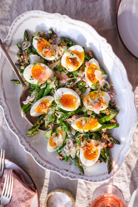 Jammy Egg and Asparagus Salad - an easy spring salad with soft-boiled eggs and blanched asparagus. — Inherited Salt Soft Boiled Egg Salad, Spring Starters, Spring Salad Ideas, Blanched Asparagus, March Recipes, Tarragon Dressing, Salad With Egg, Eggs Salad, Spring Salads