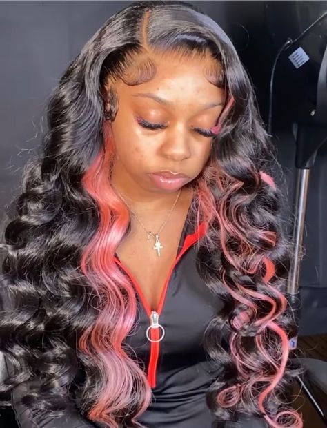 Black Sew In With Highlights, Peekaboo Wig Black Women, Sew In With Color Highlights, Sew In With Color, Peekaboo Wig, Hairstyles With Blonde Highlights, Baddie Hair, Blonde Highlights On Dark Hair, 13x4 Lace Front Wig