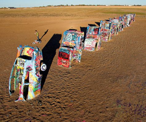 Cadillac Ranch Vermillion Cliffs, Art Competition Ideas, Cadillac Ranch, Only In Texas, Alien Spacecraft, Salvation Mountain, Prada Marfa, Art Competitions, Colored Gems