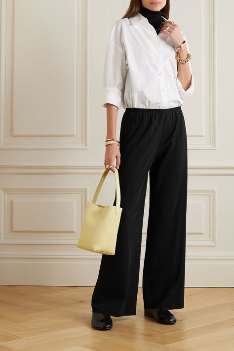 THE ROW Gala jersey wide-leg pants | NET-A-PORTER Wide Leg Pants Street Style, The Row Aesthetic, Row Aesthetic, Black Wide Leg Pants, Ashley Olsen, Fantasy Gowns, March 2024, Mary Kate, Loose Blouse