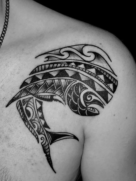 Mahi Tribal Tattoo Mahi Mahi Tattoo Design, Mahi Tattoo Design, Mahi Tattoo, Mahi Mahi Tattoo, Cross Tattoos, Trout Tattoo, Shoulder Tattoos, Polynesian Tattoos, Borneo Tattoo