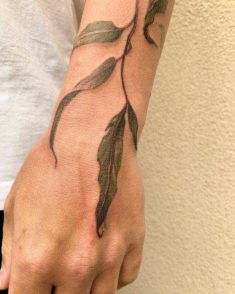 Eucalyptus branch 🌿 make an appointment in dm . #tattoo #botanicaltattoo #botanical #colortattoo #colorfulltattoo #flowertattoo #floraltattoo #botanicalart Fern And Eucalyptus Tattoo, Hemlock Branch Tattoo, Eucalyptus Branch Tattoo, Botanical Forest Tattoo, Forest Botanical Tattoo, Dm Tattoo, L Tattoo, Eucalyptus Branches, Botanical Tattoo