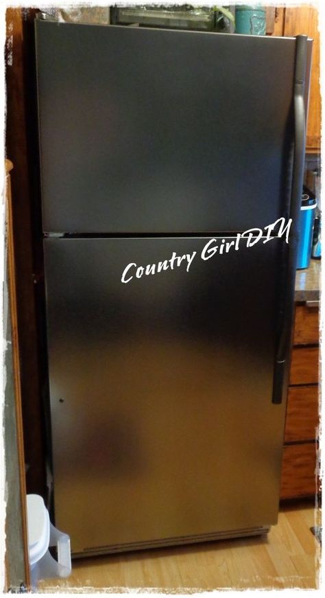 Paint Fridge Black, Rv Fridge Makeover, Black Fridge Kitchen, Timber Benchtop, Paint Refrigerator, Diy Concrete Counter, Painted Fridge, Black Stainless Steel Appliances, Travel Themed Room