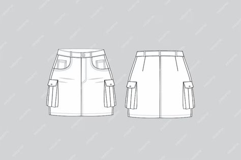 Cargo Skirt Flat Sketch, Cargo Skirt Technical Drawing, Cargo Skirt Drawing, Mini Skirt Sketch, Fashion Illustration Skirt, Technical Drawing Skirt, Mini Skirt Drawing, Skirt Technical Drawing, Skirt Flat Sketch