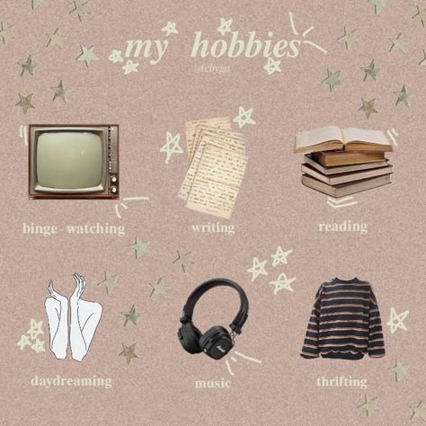 @tebyga on insta Niche Hobbies, My Hobbies, Moodboard Aesthetic, About Me, Mood Board, Hobbies, Feelings, Stars, Memes