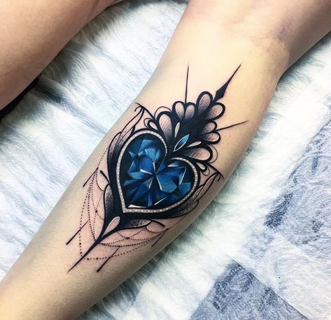 Blue Gem Tattoo, Jeweled Tattoos, Birthstone Tattoos, Jewel Tattoos, Gem Tattoo, Jewel Tattoo, Crystal Tattoo, Herz Tattoo, Tattoo Heart