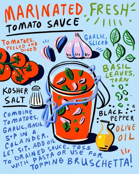 This marinated fresh tomato sauce recipe is fresh, chunky, bright, and simple. Pair with pasta and eat immediately. Here's how to make it! Fresh Tomato Sauce Recipe, Recipe Drawing, Fresh Tomato Sauce, Visual Recipes, San Marzano Tomatoes, Tomato Sauce Recipe, Storyboard Artist, Illustration Style, 5 Ingredient