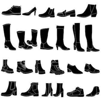 Vector isolated icon black boots set | Premium Vector %23Freepik %23vector %23boots %23black-shoes %23shoes %23sneakers Drawing Boots, Shoes Silhouette, Boots Drawing, Black And White Boots, How To Wear Ankle Boots, Human Figures, Denim Boots, Year 3, Character Reference