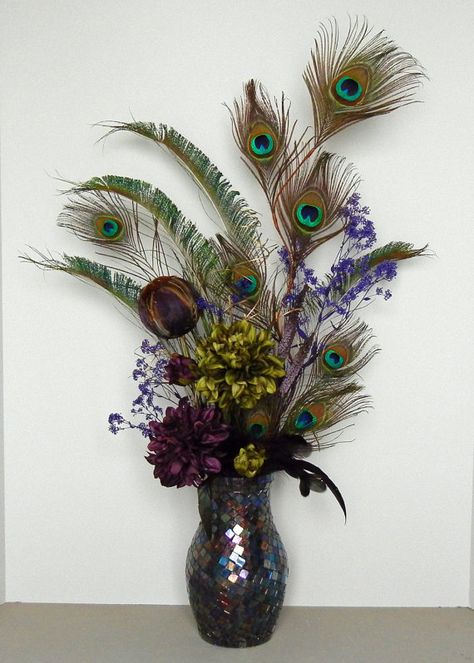 Peacock Floral Arrangement Peacock Bathroom, Peacock Feather Decor, Feather Arrangements, Peacock Flower, Purple Peacock, Peacock Decor, Artificial Floral Arrangements, Flower Vase Arrangements, Feather Decor