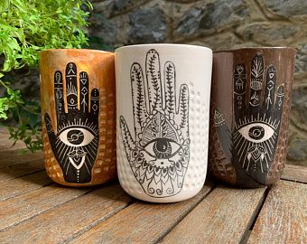 Eyes Black And White, Hand Pottery, Sgraffito Pottery, Palmistry Hand, Handmade Mug, Black And White Lines, Pottery Mug, Sgraffito, Modern Ceramics