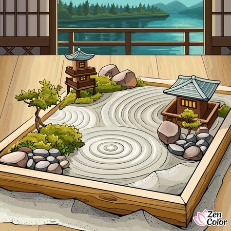 Zen Garden Drawing, Zen Drawings, Round Gazebo, Kai Lan, Puzzle Ideas, Woodburning Ideas, Dragons Art, Zen Colors, Japan Painting