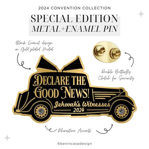 PLEASE READ ENTIRE PRODUCT DESCRIPTION, AND SHIPPING/PROCESSING TIME INFO AS WELL AS SHOP POLICIES PRIOR TO PLACING YOUR ORDER This special edition lapel pin design was inspired by the vintage JW sound cars we used to use in the 1930s/1940s to advertise our good news! Pin it onto your jacket, blouse, lanyard, tote bag, etc! *MEASUREMENTS: 1.5" W x 0.8195" H *PLATING: Shiny Gold Plated Metal *ATTACHMENT: 2 x Butterfly Clutch *SPECIAL FEATURE: 2 x Clear Rhinestones (2mm) *GIFT PACKAGING: Each pin Jw Pioneer Gifts, Convention Gifts, Pioneer Gifts, Holiday Hours, Jw Gifts, Soft Enamel Pins, Office Holiday, The Good News, Enamel Lapel Pin