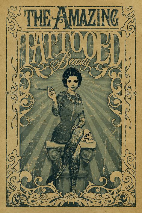 Cirque Vintage, Tattooed Lady, Old Circus, Vintage Circus Posters, Tattoo Posters, Dark Circus, Graffiti Tattoo, Circus Poster, Beauty Posters