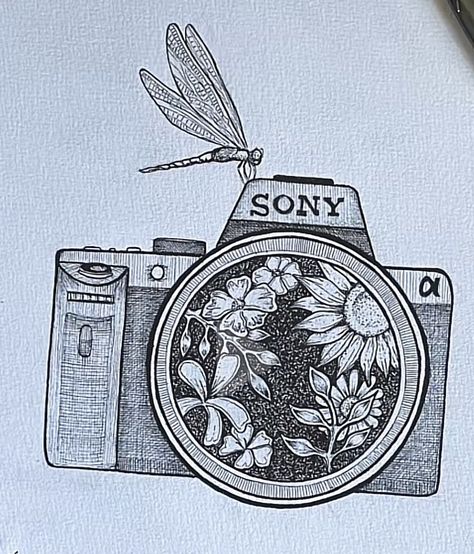 Filler Tattoo Designs, Flower Camera, Camera Tattoos, Tattoo Filler, Camera Drawing, Camera Tattoo, Zen Doodle Art, Meaningful Drawings, Tattoo Art Drawings