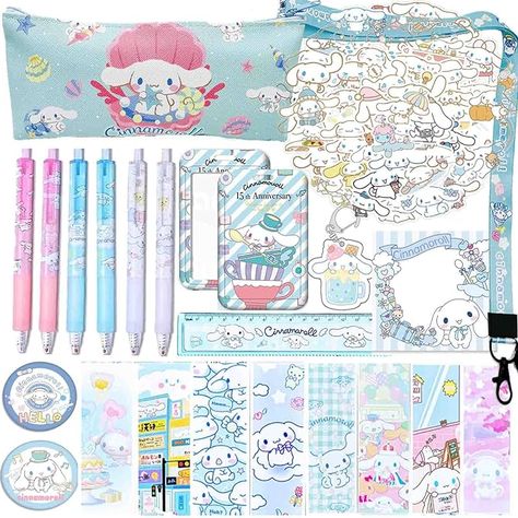 Amazon.com: Cinnamoroll School Supplies, Kawaii Office Gift Set, Including Pencil Case Keychain Lanyard with ID Card Holder Bookmarks Botton Pins Rollerball Pens Ruler Stickers Sticky Note Book for Girls Kids Teens : Office Products Sticky Notes Book, Japanese Cartoon Characters, Kawaii School, Kawaii School Supplies, Cute School Supplies, Kawaii Stationery, Stationery Collection, Id Badge Holders, Back To School Gifts