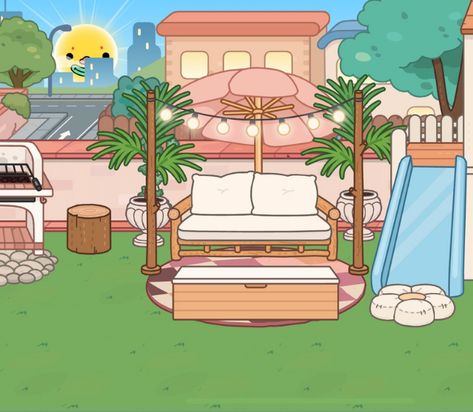 This is the front yard of the fluffy friends house on toca boca. It has the playground to the right of it. And a grill that you can kind of see no the left. I should get a night time picture of this spot, I love it. #tocaboca #tocabocaroomideas #tocabocafrontyardideas #tocabocalife #tocaaesthetic #tocabocaaesthetic Toca Boca Yard Ideas, Toca Boca Big Family House Backyard, Backyard Toca Boca, Toca Life Big Family House Ideas, Fluffy Friends House Toca Boca Ideas, Toca Boca Fluffy Friends House Idea, Toca Boca Fluffy Friends House, Toca Boca Backyard Ideas, Toca Boca Family House Ideas