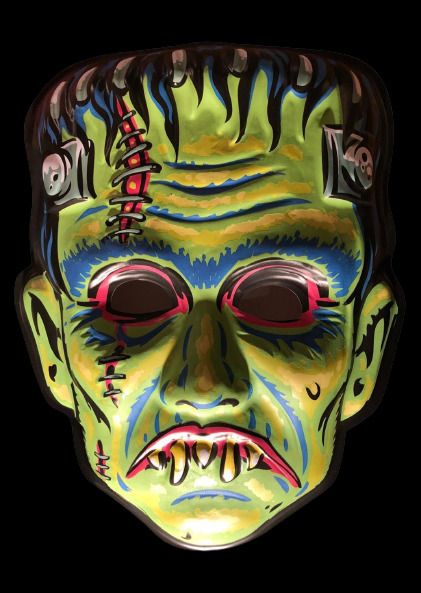 Vintage Halloween Frankenstein Mask, Skateboard Tattoo, Mask Wall Decor, Monster Mask, Plastic Mask, Christmas Comics, Mask Wall, Frankenstein Halloween, Halloween Wall Decor