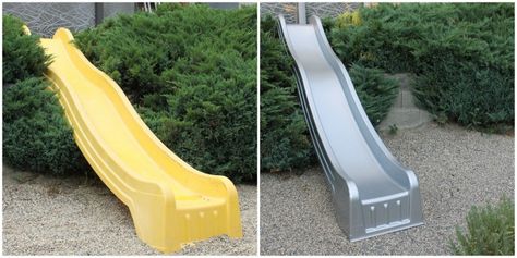 DIY Painted Slide Diy Outdoor Playset, Swing Set Makeover, Playset Makeover, Swing Set Diy, Outdoor Play Ideas, Backyard Playset, Outdoor Playset, Outdoor Play Space, Kids Backyard Playground