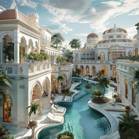 A white palace and its surrounding elite villas, a pristine and glamorous look that shines, sunny, polished walls and quartz adorned marble rooftops, medieval them Mediterranean Palace, Comic Landscape, Italian Resort, Anime Architecture, Beach Palace, White Palace, Mansion Aesthetic, Exotic Homes, Classic House Exterior