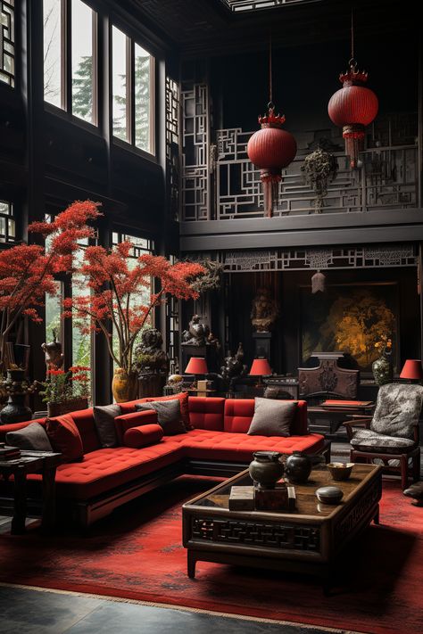 A two-story traditional Chinese interior style house with red and dark wood accents. This is an AI artwork made with Midjourney. Red Accent Interior, Asian Home Interior, Chinese Style Room, Dark Japanese Interior, Chinese Living Room Asian Style, Asian House Interior, Chinese Bedroom Traditional, Red House Interior, Chinese Home Interior