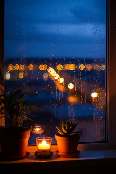 A cozy window scene on a rainy night, featuring a candle and plants on the windowsill, with raindrops on the glass and city lights softly blurred in the background. Window Light Photography, Books Outside, Night Window, Through A Window, Blurred Lights, Window Light, Rainy Night, Soft Focus, Small Table