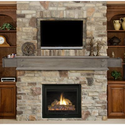 Pearl Mantels The Jackson Lightly Distressed Unfinished 2-Drawer Mantle Shelf Recessed Tv, Stone Fireplace Designs, Diy Fireplace Mantel, Fireplace Shelf, Forest Farm, Wall Shelves Living Room, Tv Over Fireplace, Fireplace Redo, Stacked Stone Fireplaces