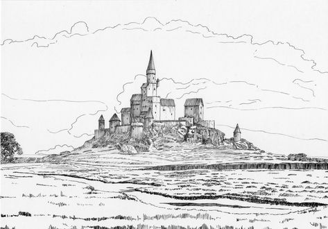 A castle in the distance. #castledrawing #castleart #pendrawing #fantasycastle #landscapeart Castle In Distance, Distance Drawing, Fine Liner Drawings, Castle In The Distance, Ash Pink, Castle Drawing, Castle Art, Fantasy Castle, A Castle