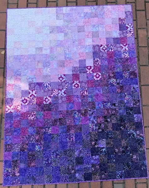 Ombre Batik Quilt Kit Colorwash Quilt Patterns, Hombre Quilt Pattern, Color Gradient Quilt, Purple Patchwork Quilt, Ombre Quilts Free Pattern, Quilts Made With Batik Fabric, Blue And Purple Quilts, Gradient Quilt Pattern, Tie Dye Quilt