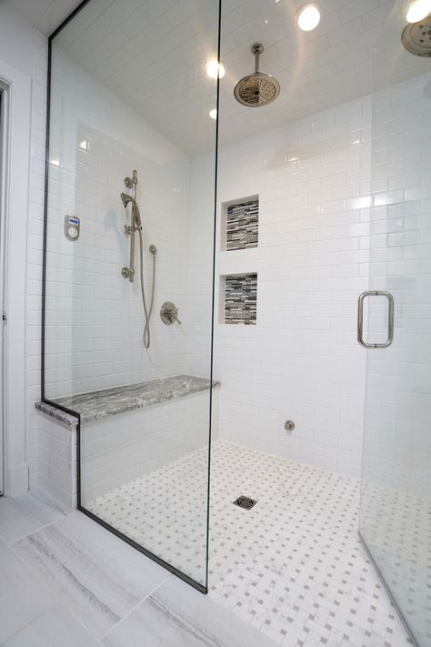 Double Shower Head Master Baths, Shower Tile Design, Rain Shower Bathroom, Straight Line Design, Gothic Glamour, Master Bath Shower, Full Bathroom Remodel, Window In Shower, Bathroom Layouts