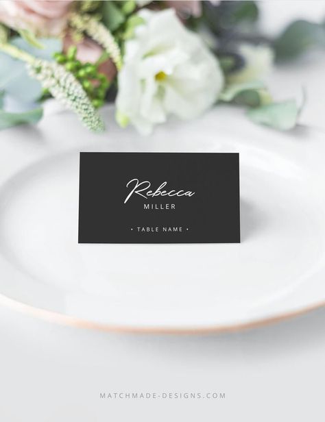 Black Name Tags Wedding, Black Wedding Place Cards, Black Place Cards Wedding, Black And White Wedding Name Cards, Name Tags On Table, Black Name Cards Wedding, Black Place Cards, Wedding Table Name Tags, Vip Table Wedding