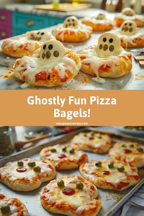 Ghost pizza bagels with melted cheese and olive eyes on a baking tray, perfect for a spooky and fun snack. Bagel Pizza Recipe, Ghost Pizza, Fun Halloween Snacks, Whole Wheat Bagel, Bagels Recipe, Easy Zucchini Recipes, Pot Recipes Healthy, Halloween Snack, Pizza Bagels