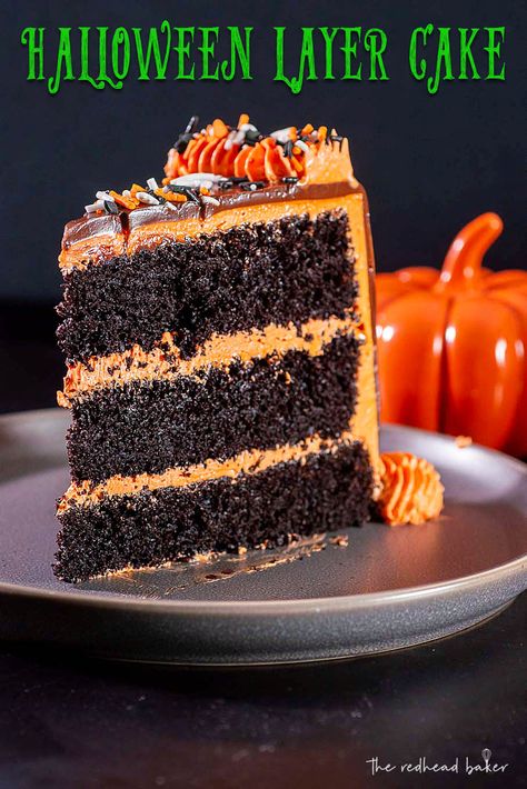 This Halloween layer cake has three layers of rich chocolate cake, and is covered in orange-tinted Swiss buttercream, a ganache glaze, and Halloween sprinkles. #HalloweenTreatsWeek 6inch Cake, Monster Cake Pops, Ganache Glaze, Pumpkin Cake Pops, Themed Recipes, Swiss Buttercream, Orange Frosting, Halloween Sprinkles, Halloween Sweets