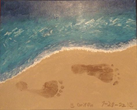 I painted this in acrylics on a 16x20 canvas. These are my 8 year old grandson’s footprints in the sand….keepsake for his momma & daddy. Beach Handprint Art, Sand Footprints, Footprints In Sand, Footprints In The Sand Painting, One Set Of Footprints In The Sand, Footprint In Sand, Sand Pictures, Ocean Waves Painting, Sand Painting