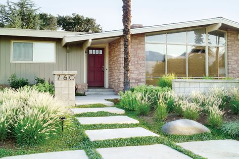 (designed by Jim Love, Galbraith and Associates)​​​​​​ A variety of heat-tolerant plants with low water requirements provide year-round interest. oversized pavers surrounded by a creeping groundcover. Pavers take up most of the space Lawn Free Yard, Small Front Gardens, Modern Front Yard, Front Garden Design, Front Yard Design, Rock Garden Landscaping, Yard Design, Landscaping Tips, Front Yard Landscaping Design