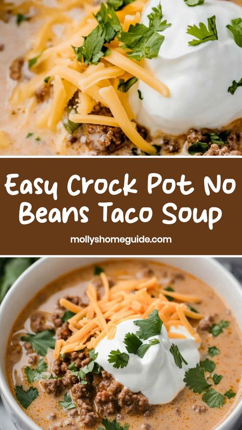 Looking for a delicious and easy recipe? Try this flavorful crock pot taco soup! This hearty dish is packed with savory flavors and perfect for a cozy day at home. With no beans, it's a great option for those who prefer bean-free soups. Simply toss the ingredients in your slow cooker and let it do all the work. This crock pot no beans taco soup is sure to become a family favorite in no time! Lite Soup Recipes, Creamy Taco Soup Recipe Crockpot, Crockpot Creamy Taco Soup, Taco Soup Stove Top Easy, Taco Soup Without Beans, Taco Dump Soup, Freezer Taco Soup, Taco Soup Recipe Easy Stove Top, Creamy Taco Soup Crock Pot