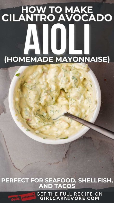 You guacamole fanatics, this creamy cilantro avocado aioli is about to become your new favorite dunk, drizzle and devour sauce! 🥑🌶 By blending lusciously ripe avocado and bright cilantro right into a rich garlic aioli base, this sauce becomes an amazing mashup of guac and aioli flavors. It's gloriously creamy and herby with a citrusy zing! It's also stupid easy to quickly whip up a batch by following this simple recipe. Just combine all the fresh ingredients and blend away into vibrant green Ripe Avocado Recipes, Avocado Aioli Recipe, Cilantro Aioli, Aioli Recipes, Avocado Aioli, Homemade Mayo Recipe, Diy Sauces, Garlic Aioli Recipe, Yum Sauce