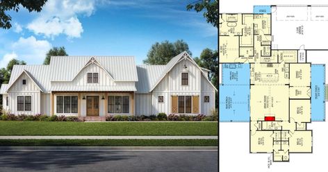 Downsized 4-Bedroom Single-Story Modern Farmhouse with Spacious Bonus Room (Floor Plan) Bonus Room Floor Plan, Room Floor Plan, French Front Doors, Slider Door, Board And Batten Siding, Modern Farmhouse Plans, Farmhouse Plans, Room Flooring, Modern Bed