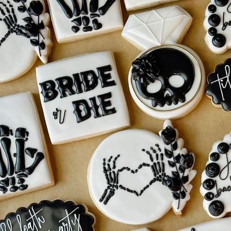 Laurel Fleming on Instagram: "𝔅𝔯𝔦𝔡𝔢 𝔬𝔯 𝔇𝔦𝔢 🖤💍 . . . #brideordie #brideordiecookies #tilldeathdousparty #deathcookies #bridalshowercookies #misstomrscookies #futuremrscookies #bridetobe #weddingszn #bridecookies #bridalcookies #misstomrs #bachelorette #bachelorettecookies #cookiedecorating #royalicingcookies #bakery #decoratedsugarcookies #decoratedcookies #sugarcookiemarketing #lousianabaker #sugarcookies #cookiesofinstagram #smallbusiness #cookieartist #talentedcookiers" Bride Or Die Cookies, Bride Or Die Bridal Shower Ideas, Ride Or Die Bachelorette Theme, Goth Bachelorette Party Ideas, Bride Or Die Bachelorette Parties, Rip Single Life Bachelorette, Emo Bachelorette Party, Bride Or Die Bachelorette Theme, Black Bachelorette Party