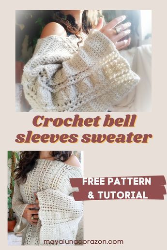 Crochet Cozy Sweater Pattern Free, Bell Sleeve Sweater Knitting Pattern, Bell Sleeve Crochet Pattern Free, Bubble Sleeve Crochet Sweater Pattern, Off Shoulder Sweater Crochet Pattern, Over Sized Crochet Sweater, Drop Shoulder Crochet Sweater, Crochet Sweater Bell Sleeves, Bell Sleeve Crochet Sweater