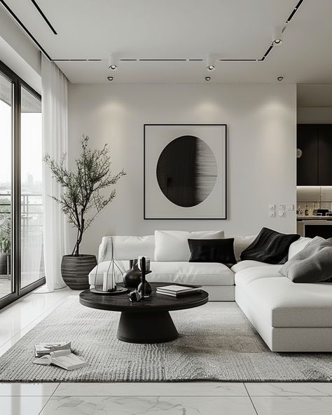 Black And White Room Interior, White Couch Living Room Black Accents, Apartment Inspo Black And White, Black And White Decor Aesthetic, Black And White Furniture Living Room, White Wall Interior Design, White Living Room Ideas Modern, Black White Gray Living Room, Black And White Living Room Ideas Modern