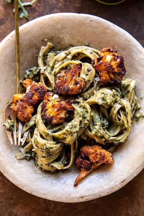 Cauliflower Pesto Pasta, Fall Pesto Pasta, Crispy Roasted Cauliflower, Creamy Pesto Pasta, Creamy Pesto, Half Baked, Good Eat, Low Carb Paleo, Think Food