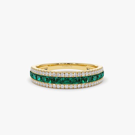 14k  Half Eternity Square Emerald Anniversary Ring 14K Gold Ferkos Fine Jewelry Emerald Anniversary Ring, Round Emerald Ring, Emerald Anniversary, Emerald Band Ring, Mens Diamond Wedding Bands, Future Engagement Rings, Stackable Wedding Bands, Local Jewelry, Diamond Carat