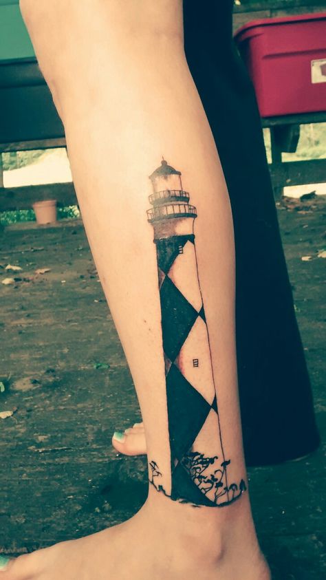 Cape lookout lighthouse tattoo Cape Lookout Lighthouse Tattoo, Simple Lighthouse Tattoo, Tattoo On Calf, Cape Lookout Lighthouse, Lighthouse Tattoos, Ink Therapy, Lighthouse Tattoo, Tattoos With Meaning, Tattoo On